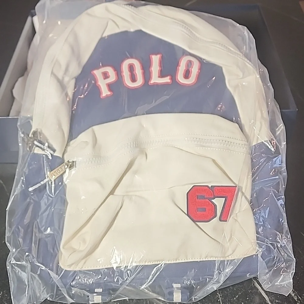 NWT Polo Ralph Lauren White And Blue Backpack With Patches In RL Box